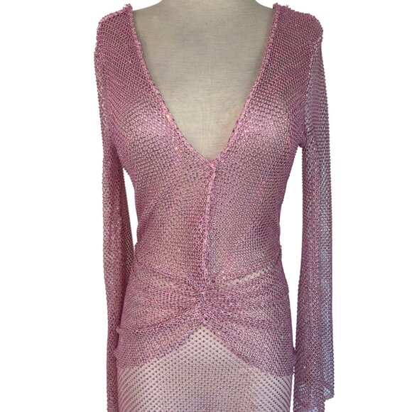 PatBO Rhinestone Netted Plunge Gown in Light Pink 4 New Womens Long Dress - Picture 6 of 11
